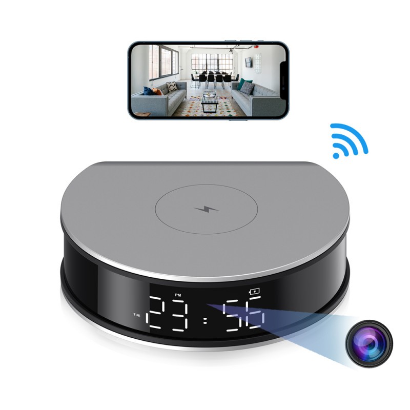 Cámara WiFi Full HD integrada en despertador con carga inalámbrica